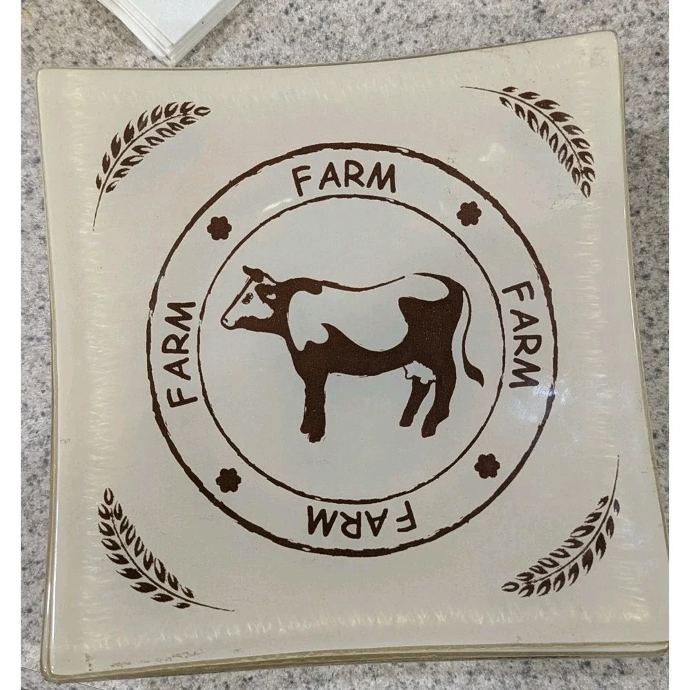 Square Glass Farm Plates Chicken Horse Cow Goose Set of 4 New Handmade In Turkey